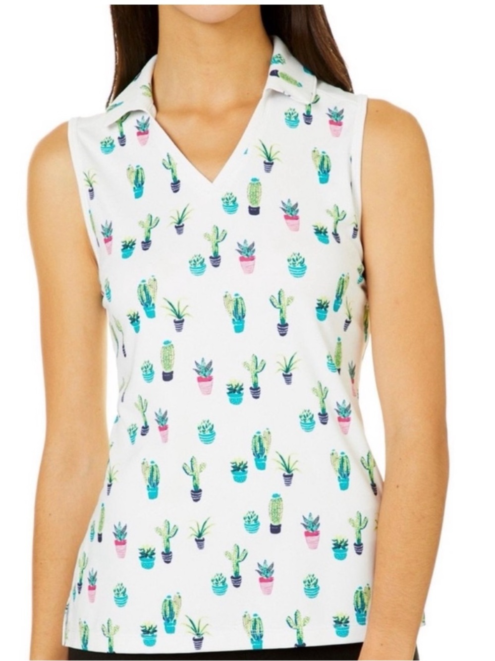 Lillie Green Sleeveless Cactus Print Golf Polo Top Size 3X